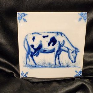 Vintage Harlingen Holland Delft Tile: Cow